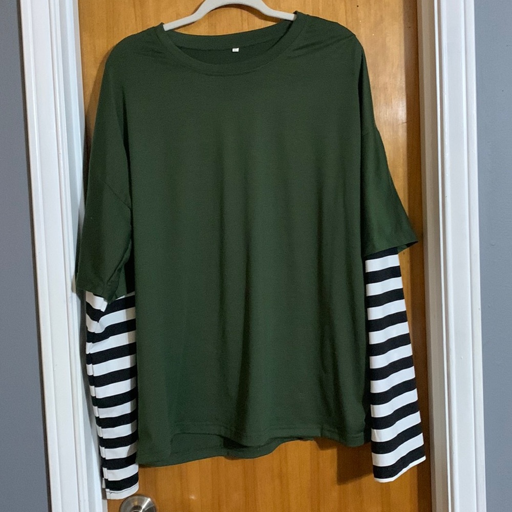 oversized green and black&white striped shirt